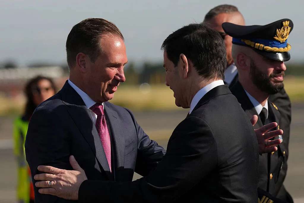 U.S. Ambassador to the Holy See Brian Burch welcomes Secretary of State Marco Rubio upon his arrival at the Rome's Ciampino airport on May 7, 2026. (Photo by Andrew Medichini / POOL / AFP via Getty Images)