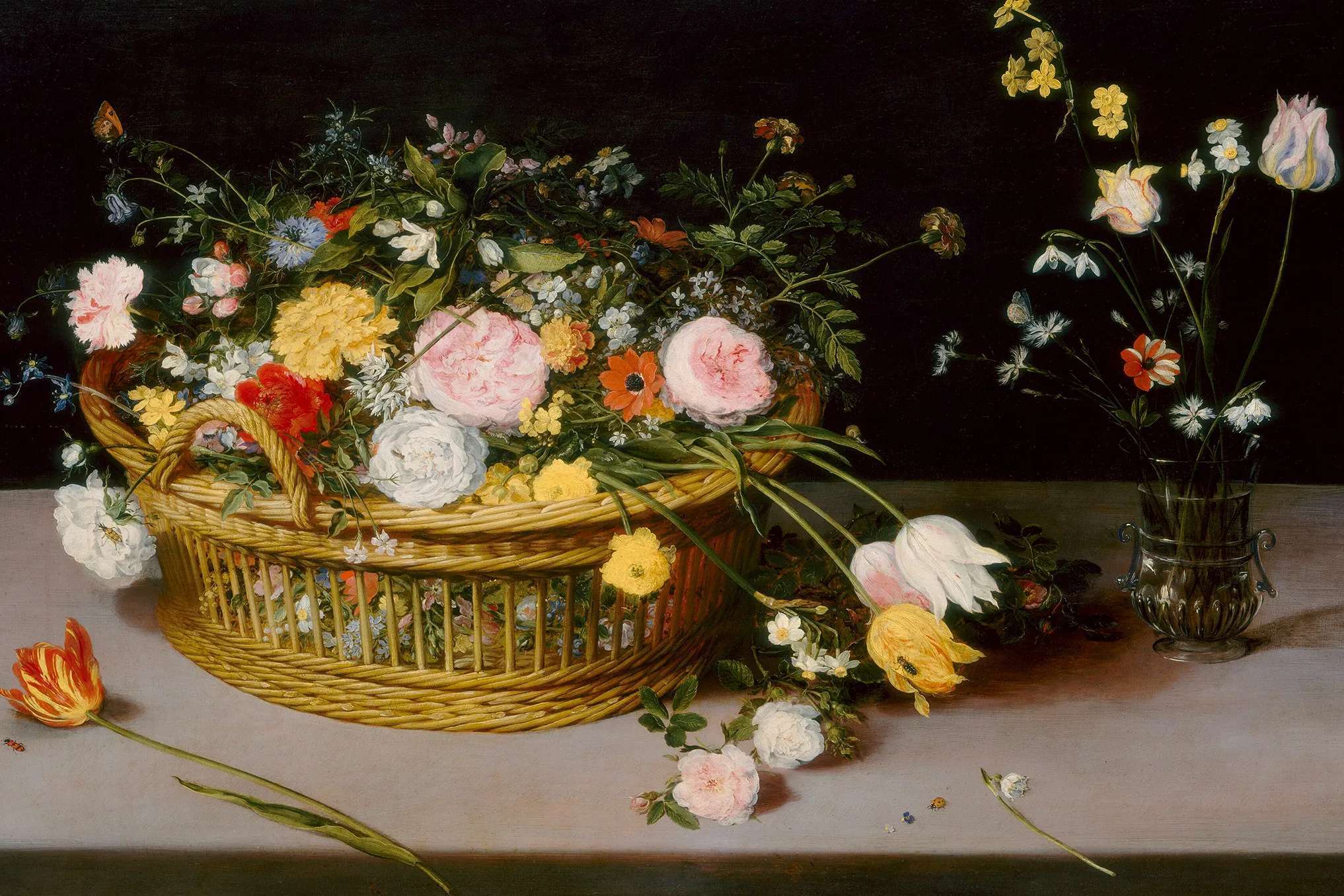 Flowers in a Basket and a Vase, Jan Brueghel the Elder, 1615