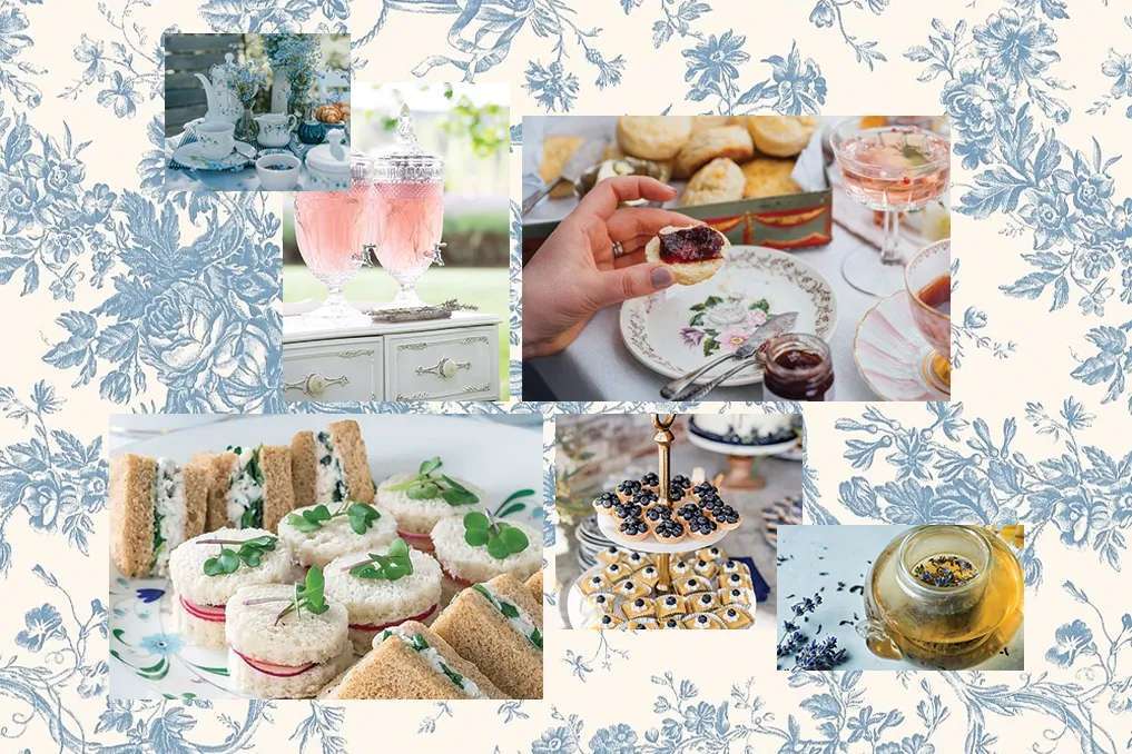 Collage by Zeale Staff. This moodboard is for inspirational purposes only. The visual inspiration for this tea party includes images curated via Pinterest. All images are the property of their respective owners. Original sources are credited where available.