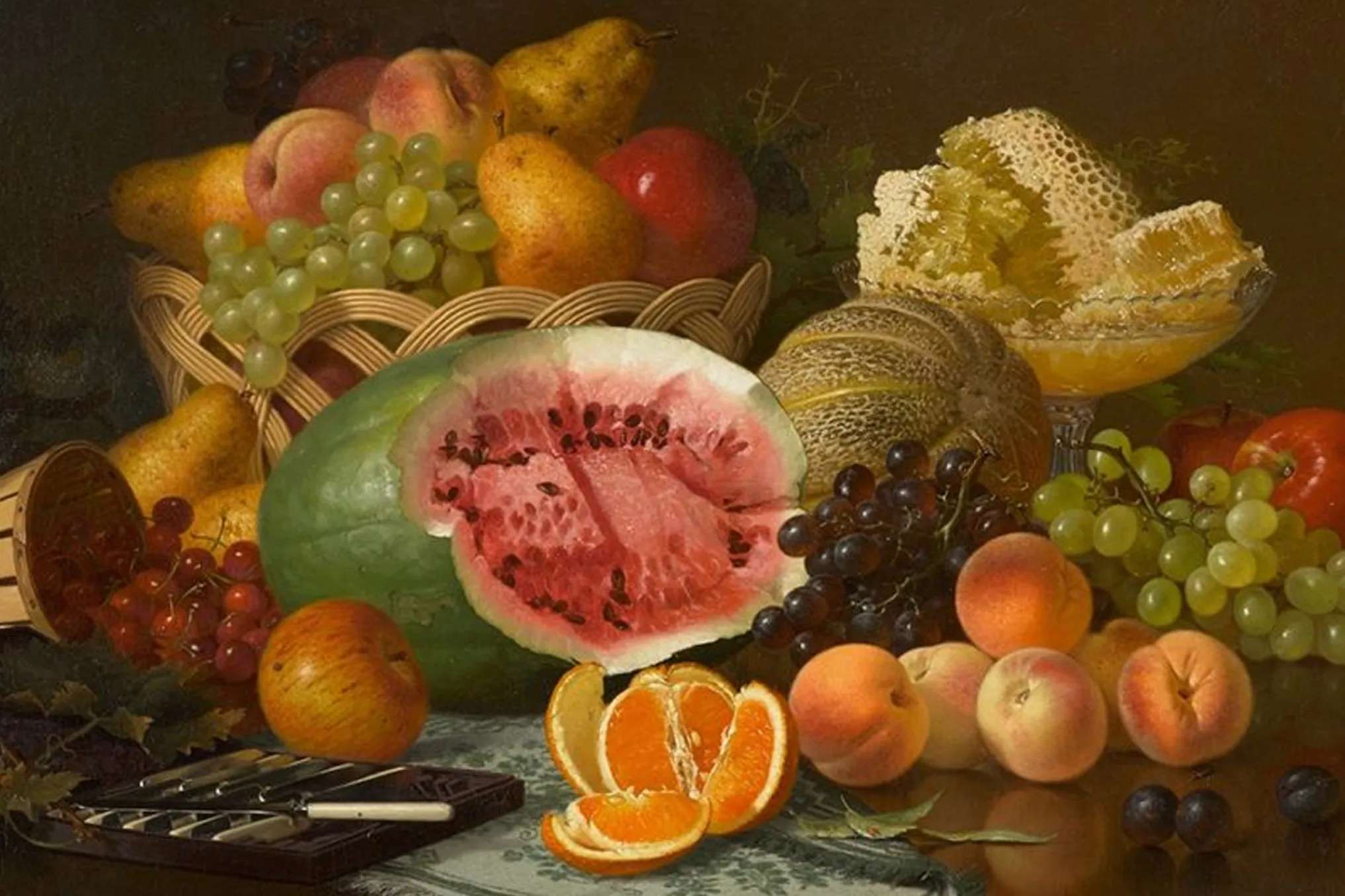 Still Life of Fruit, Honeycomb and Knives, Robert Spear Dunning, 1829-1905